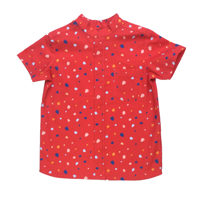 Boy's Mandarin Shirt - Festive Geometric Red 