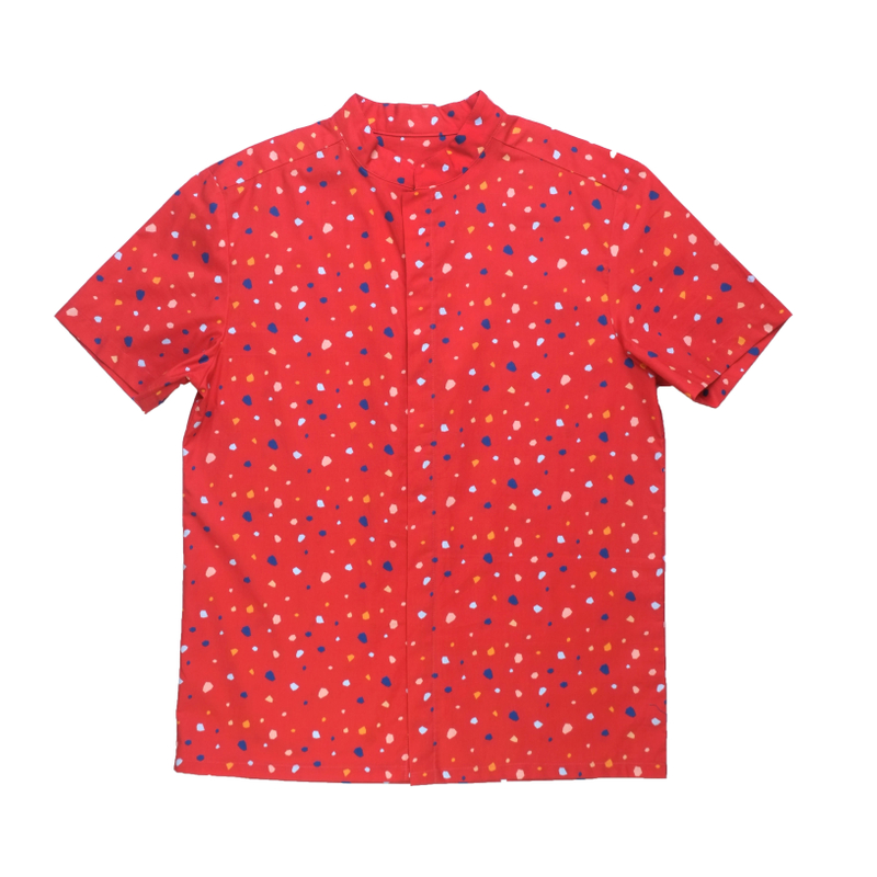 Daddy's Mandarin Collar Shirt - Festive Geometric Red 