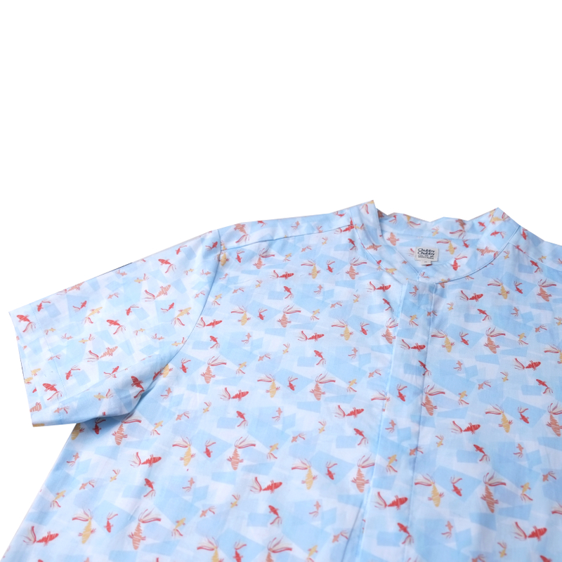 Daddy's Mandarin Collar Shirt -Plentiful Fish - Blue 