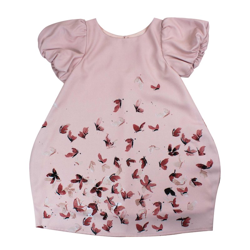 Girl's Bubble Sleeves Dress - Maroon Butterflies