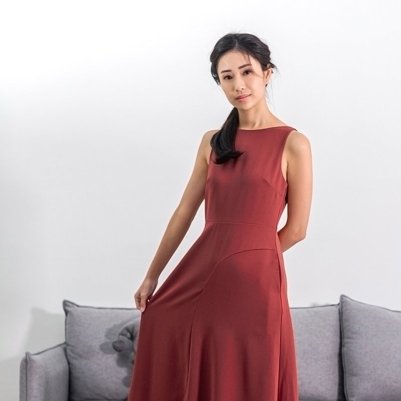 Ladies Asymmetrical Midi Dress - Burgundy Deep Red