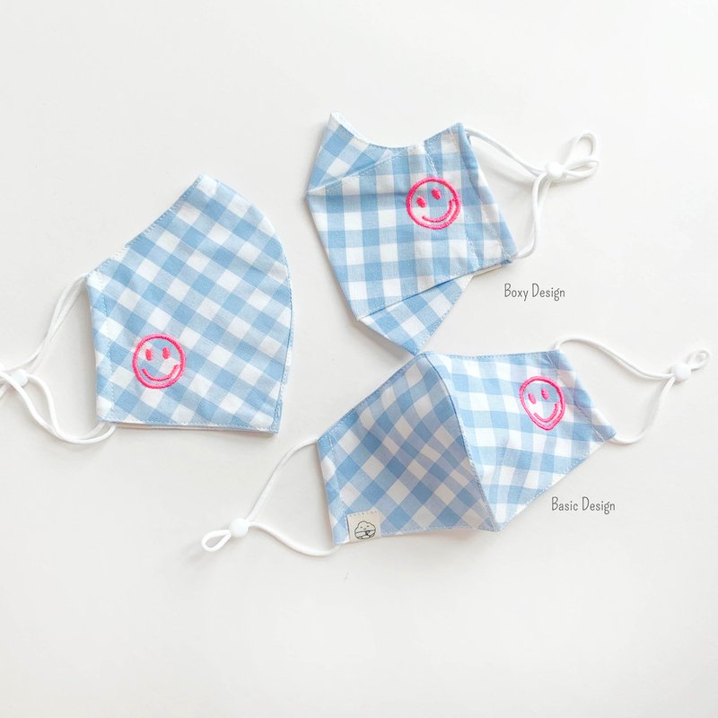 Happy Smiley Cotton Fabric Masks - Blue Checkered Happy Chain