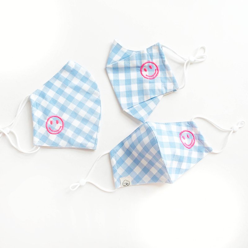 Happy Smiley Cotton Fabric Masks - Blue Checkered Happy Chain