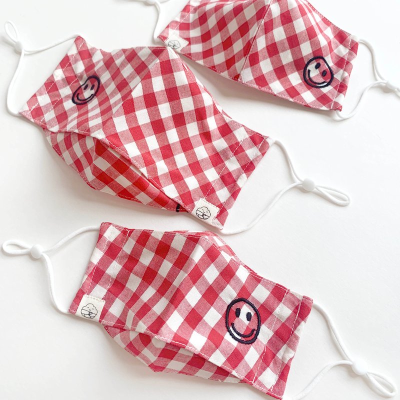 Happy Smiley Cotton Fabric Masks - Red Checkered 